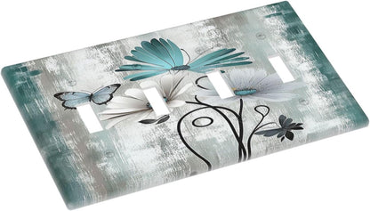 Light Switch Covers Rustic Teal Daisy Floral Flowers Butterfly Wood Grain Quad Toggle Electrical