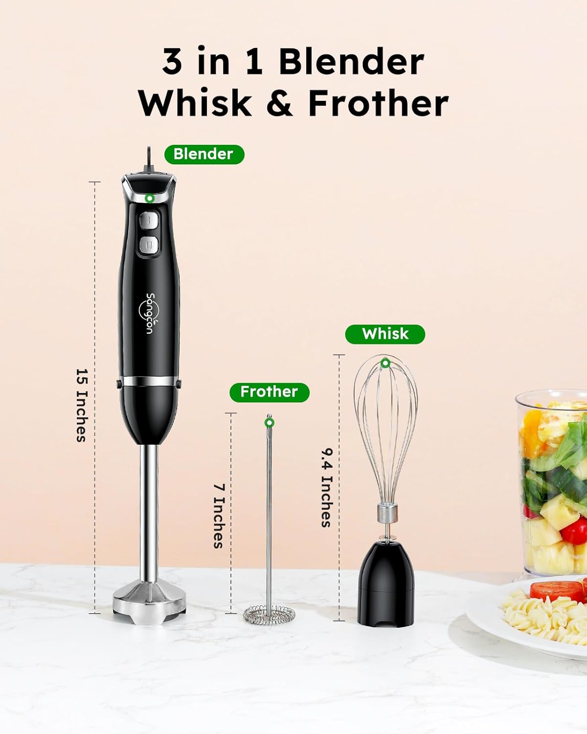 Sangcon Immersion Blender Handheld, 3-in-1 Hand Blender Electric, 400W Handheld Blender, Stainless
