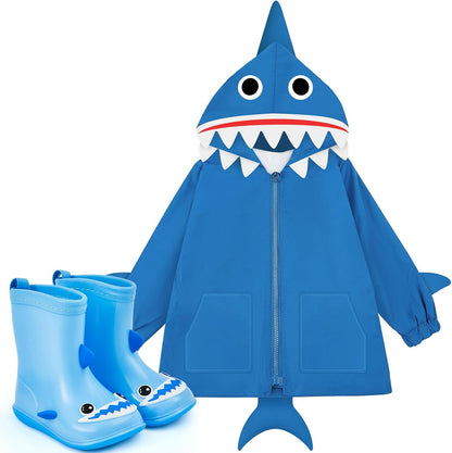 2 Pcs Toddler Raincoat Rain Boots Set Kids Baby Cartoon Hoodie Zipper Jacket Short Rain Shoes for