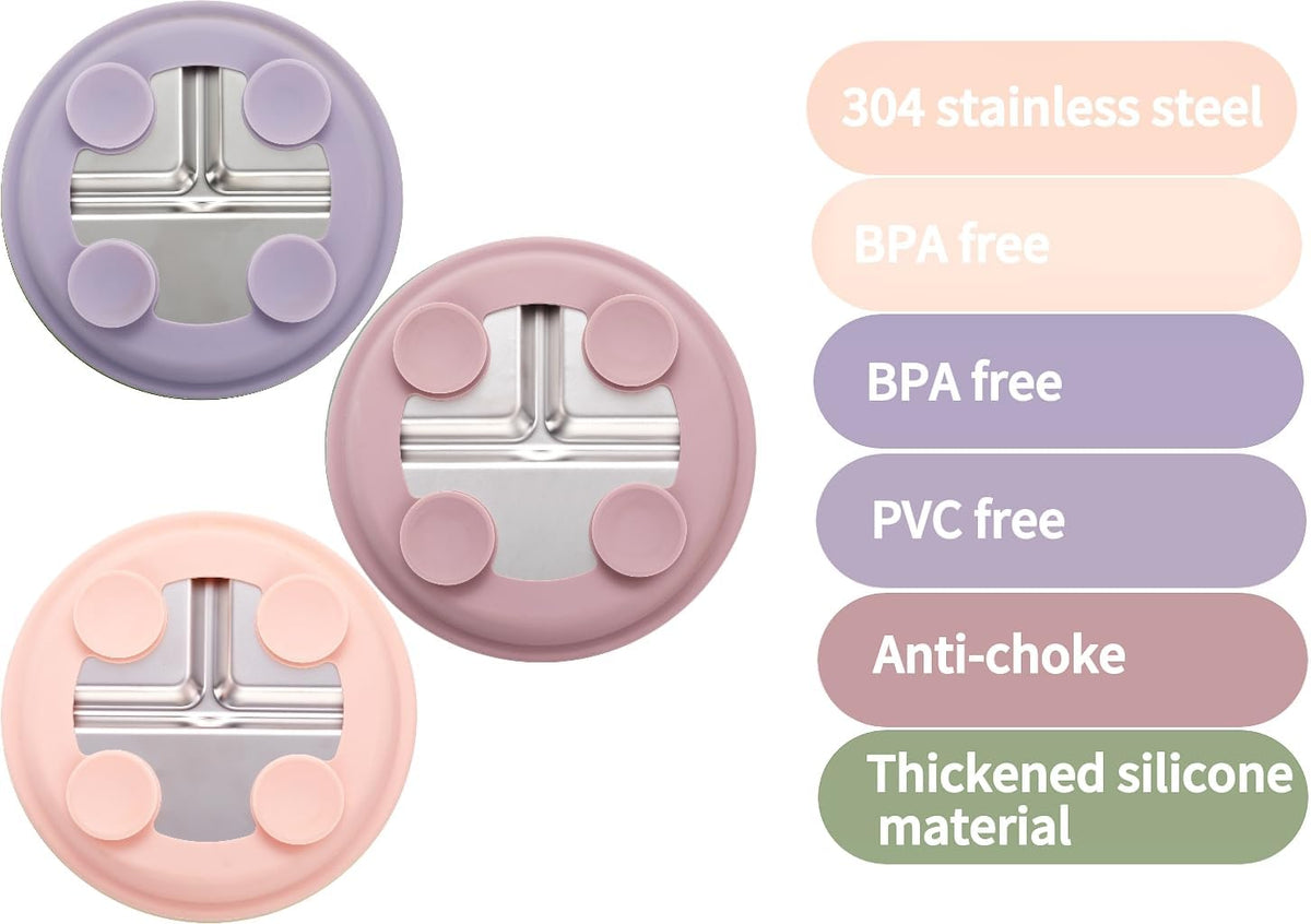 3Pack Stainless Steel Kids Plates, 8.1" Divided Toddler Plates with Removable Silicone Suction