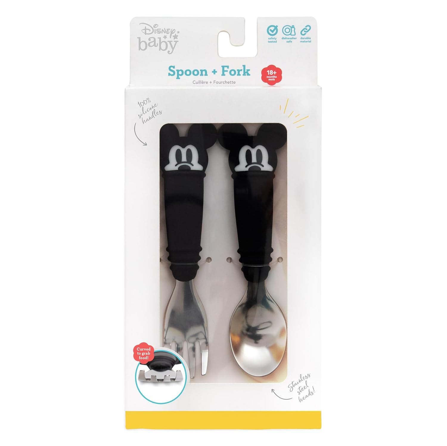 Bumkins Disney Toddler Utensils, Kids Size Fork and Spoon Set, Silicone and Stainless-Steel