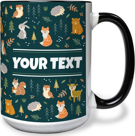 Personalized Mug for Kids - Woodland Animals - Custom Name/Text, Ceramic Hot Chocolate/Cocoa/Coffee