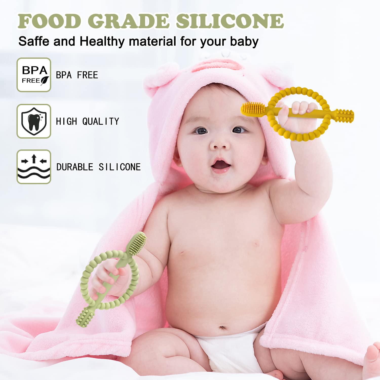 Baby Teething Toys with Easy-Hold Handle, Silicone Infant Toothbrush, Textured On Both Sides Helps