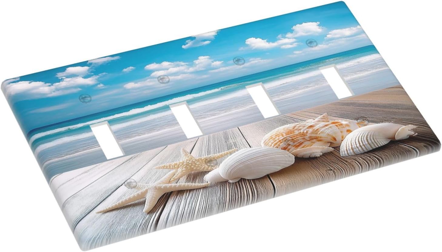 Light Switch Covers Beach Waves Brown Wood Starfish Shells Quad Toggle Electrical Faceplate 4 Gang