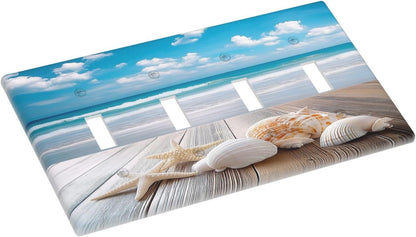 Light Switch Covers Beach Waves Brown Wood Starfish Shells Quad Toggle Electrical Faceplate 4 Gang