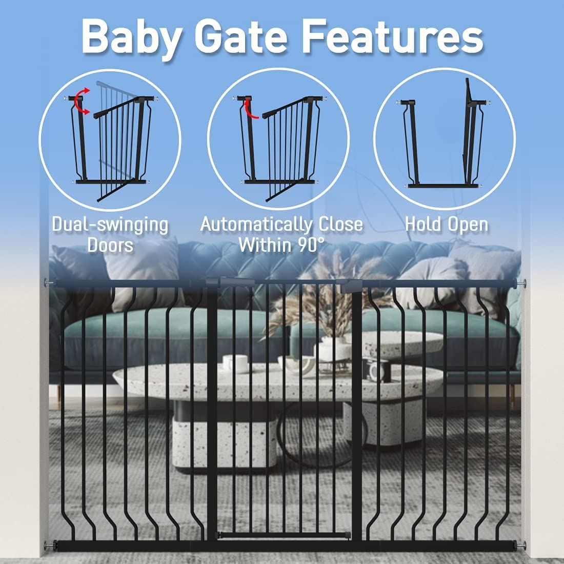 WAOWAO Extra Tall 40.55" Baby Gate 29.92-63.38" Wide Pressure Mounted Walk Through Swing Auto Close