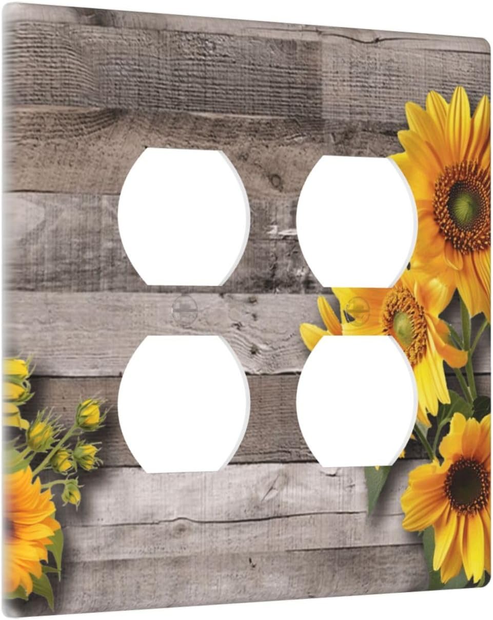 Sunflower Rustic Brown Gray Wood Outlet Covers 2 Gang Double Duplex Decorative Light Switch Covers