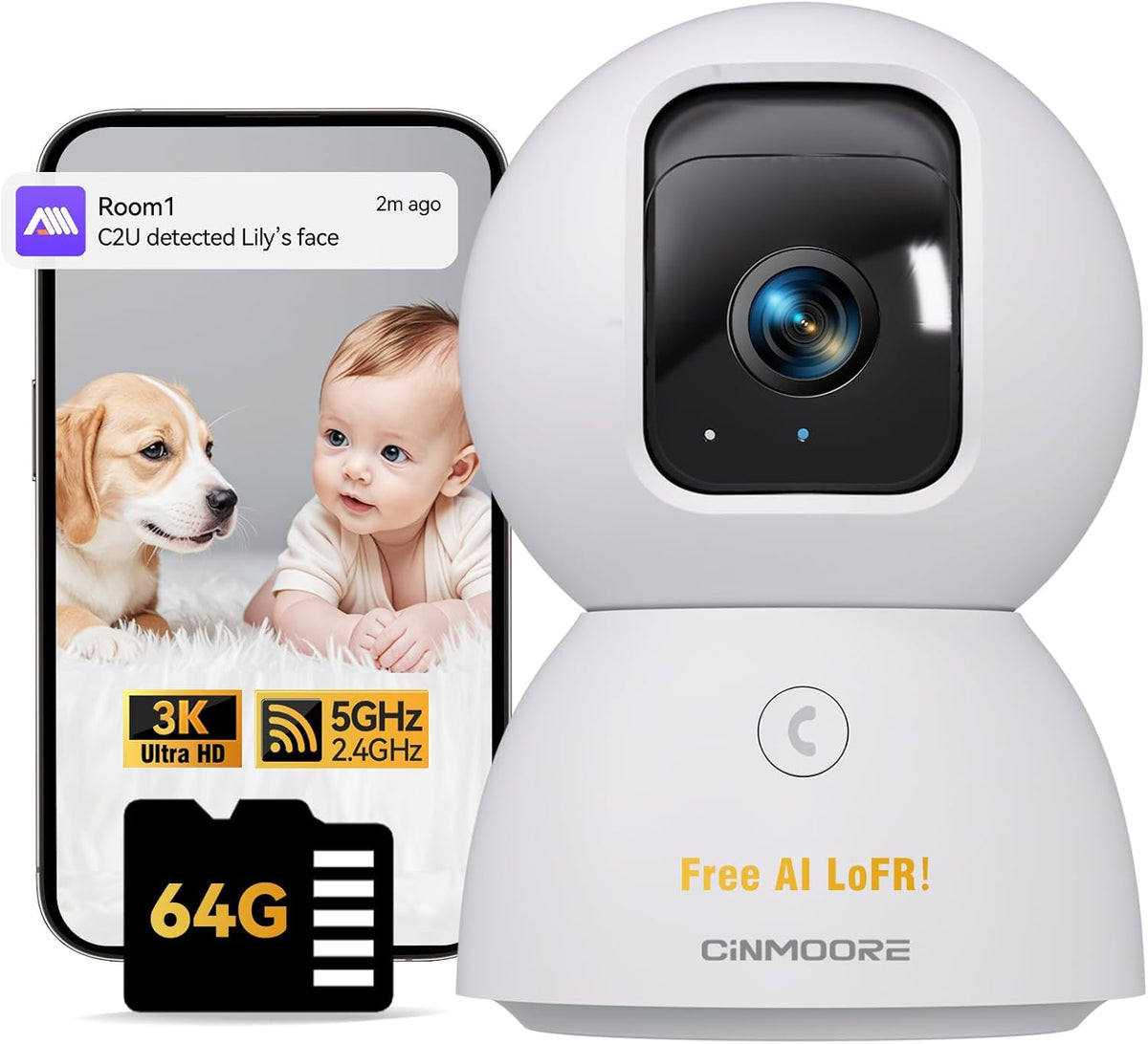 3K Pet/Dog Camera Indoor w/Phone App, No Monthly Fee 64GB Local Storage & AI Tracking Face ID