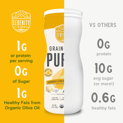 Serenity Kids 6+ Month Baby Food Puffs - White Cheddar & Cauliflower - Grain-Free, Gluten-Free &