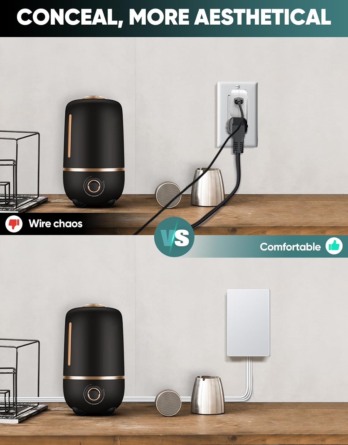 Outlet Concealer Power Strip-Outlet Cover Extender with 3AC Outlets-10ft Flat Plug Extension