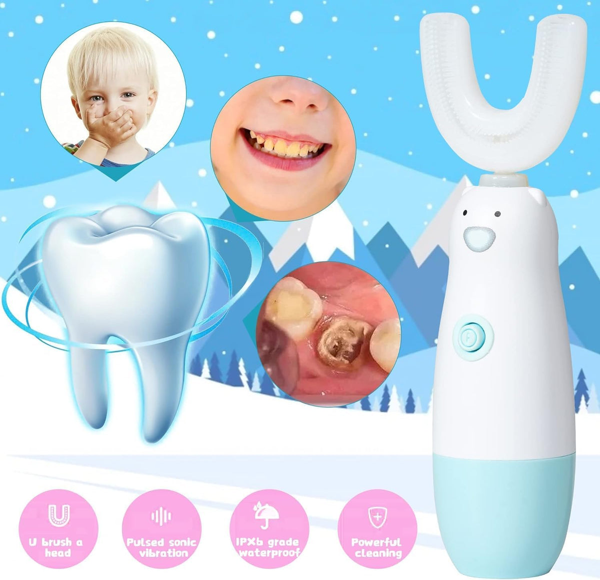 Kids Electric Toothbrush，Toddler Toothbrush Waterproof Battery Powered 360 Automatic Sonic u Shaped