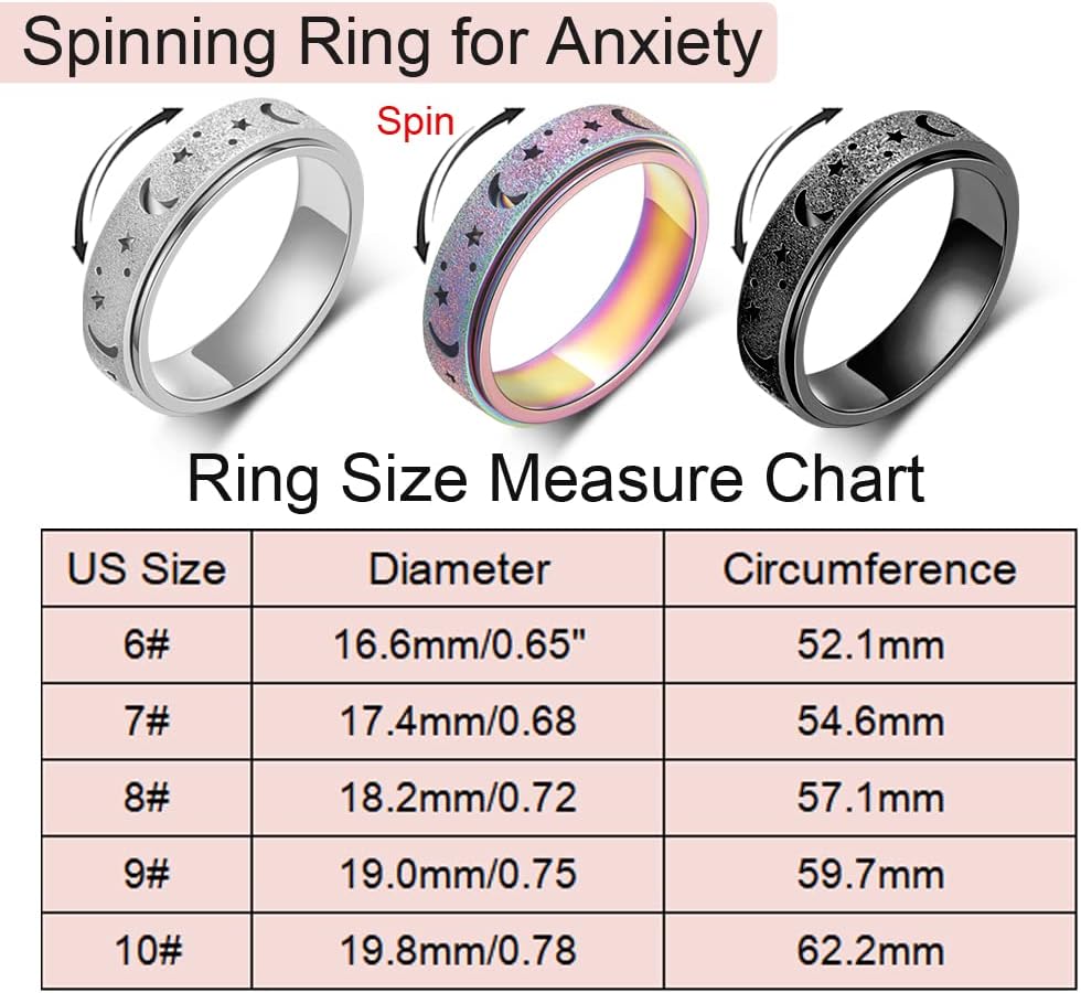 Anxiety Ring for Women Men, Titanium Stainless Steel Spinner Ring, 5 Colors, 6MM, Size 6-10, 3