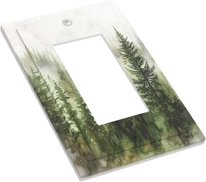 Decorative Outlet Covers Green Forest Watercolor Painting Foggy Pine 1 Gang Single Rocker Light