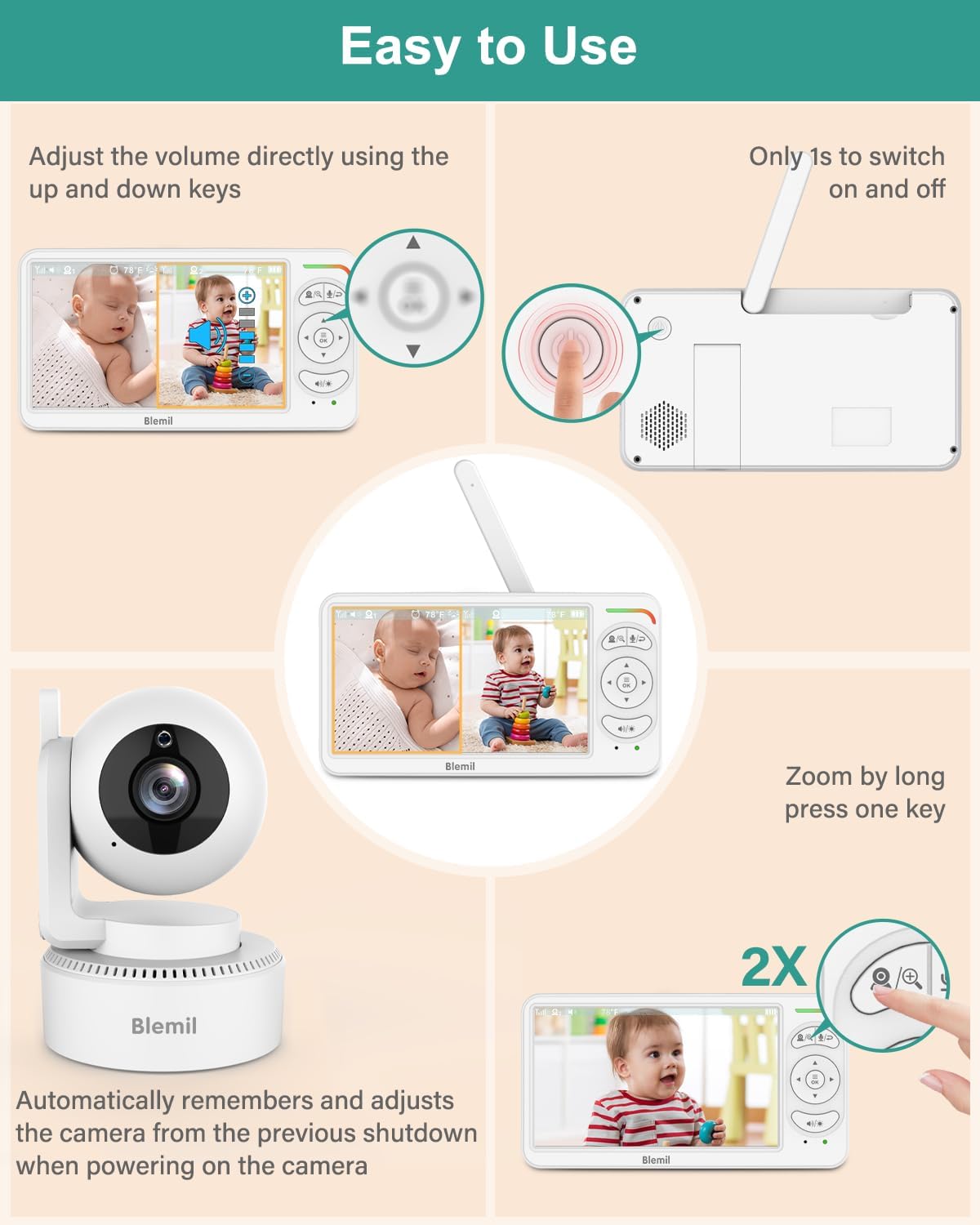 6" Baby Monitor with 2 Cameras 4000mAh Battery Upgrade Split Screen Video Baby Monitor No WiFi