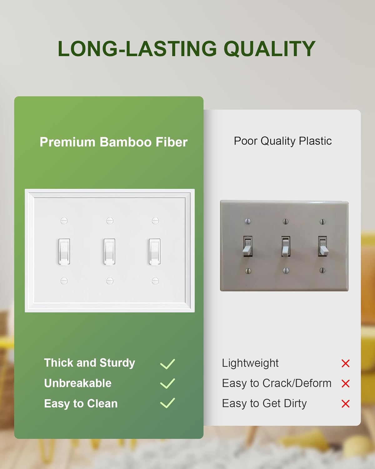 2-Pack Triple Toggle Light Switch Cover Plate, White Decorative Switch Plate Covers, Natural Bamboo