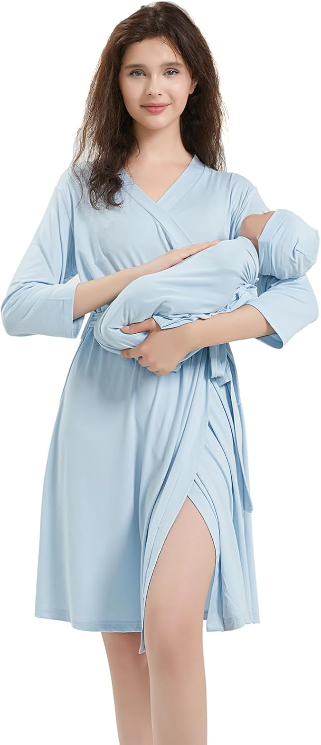 Galabloomer Maternity Robe and Baby Receiving Blanket, Matching Mommy Labor Delivery Robe and