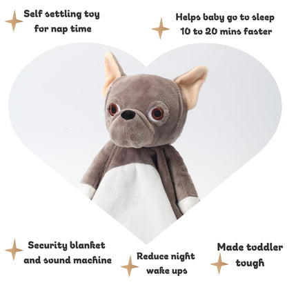 Love By Emi Baby Music Lovey Brown Bulldog, Baby Sleep Soother for Crib & Cuddle Bedtime, White