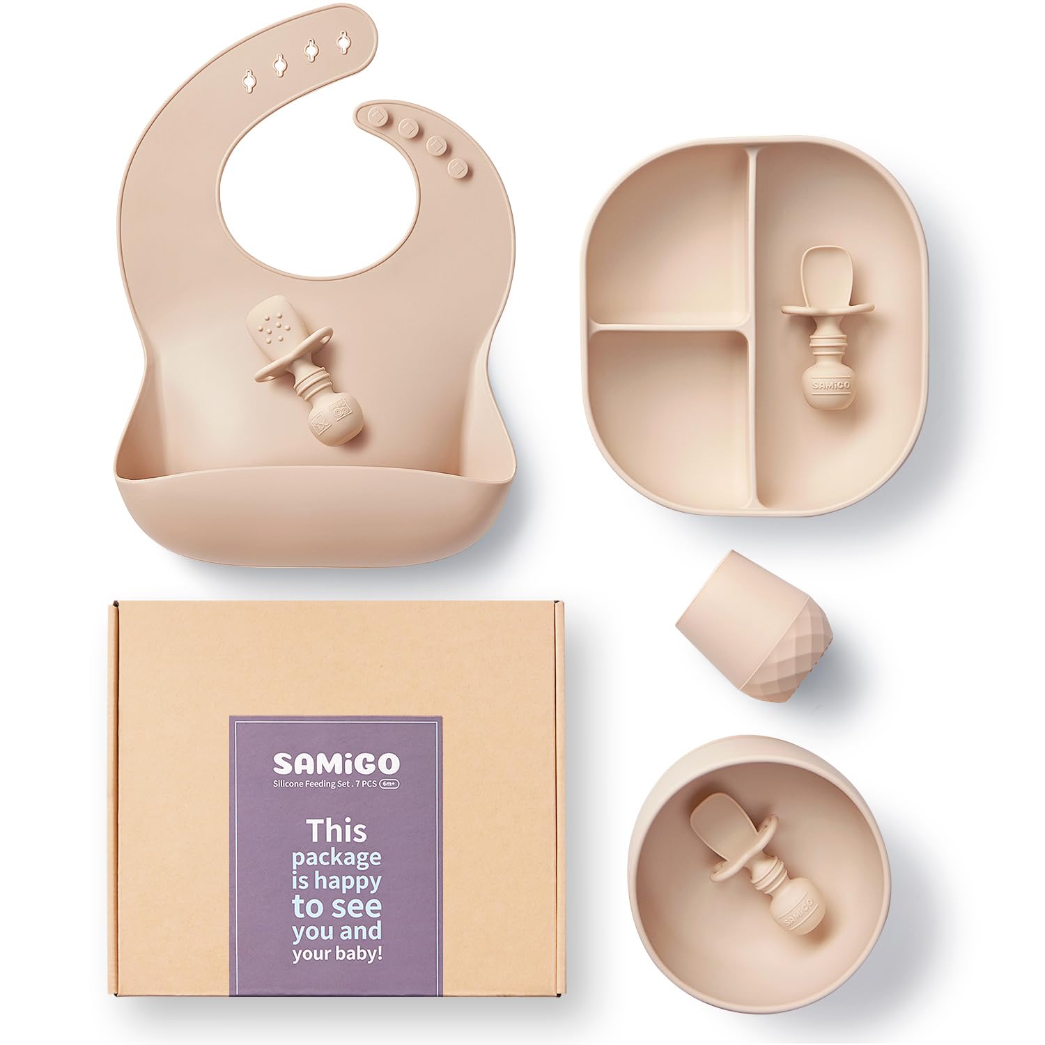 SAMiGO Silicone Baby Feeding Set, Suction Plate Bowl Set, Self Feeding Spoons, Bib, Cup, Baby Led