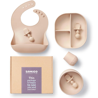 SAMiGO Silicone Baby Feeding Set, Suction Plate Bowl Set, Self Feeding Spoons, Bib, Cup, Baby Led