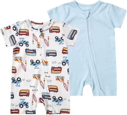 Teach Leanbh Unisex Baby 2 Pack Pajamas Cotton Short Sleeve 2 Way Zipper Printing Soild Romper