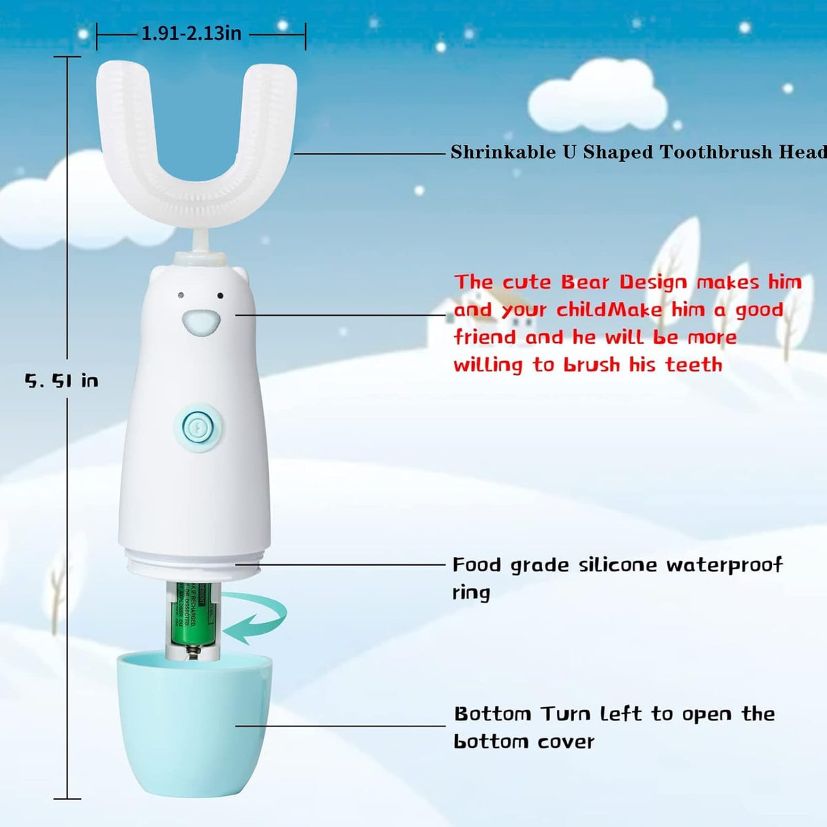 Kids Electric Toothbrush，U Shaped Toothbrush Waterproof Battery Powered 360 Automatic Sonic Toddler