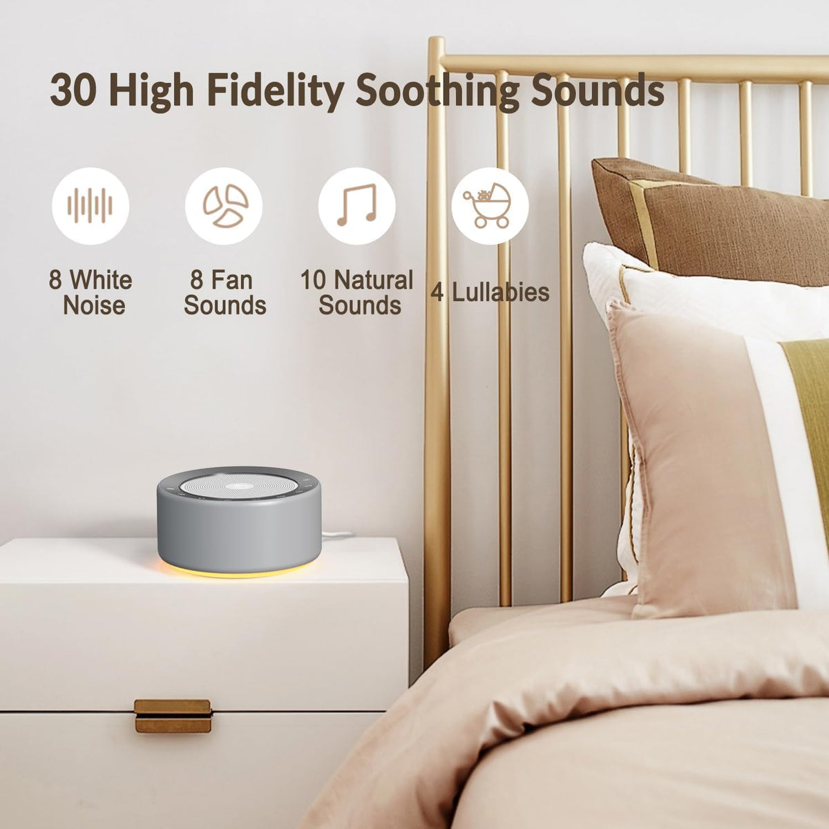 Nursery Lamp with Sound Machine, Mood Lighting, 7 Colors Night Light, 30 Soothing Sounds, White