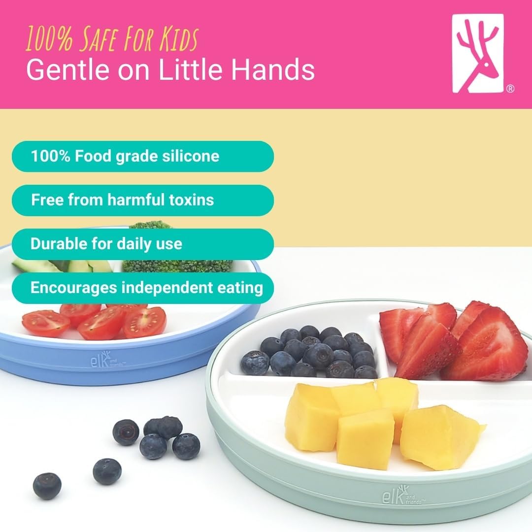 Elk and Friends Kids 7.8” Porcelain White Plates with Silicone Sleeves + Lids | Divided Plates |