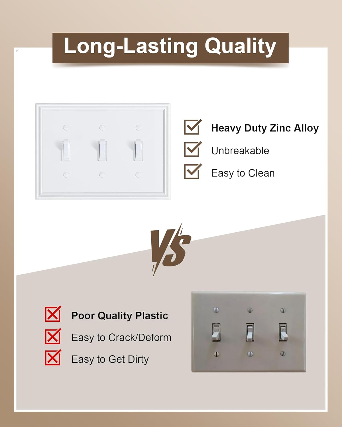 2-Pack Triple Toggle Light Switch Cover Plate, Durable Solid Zinc Alloy Decorative Switch Plate