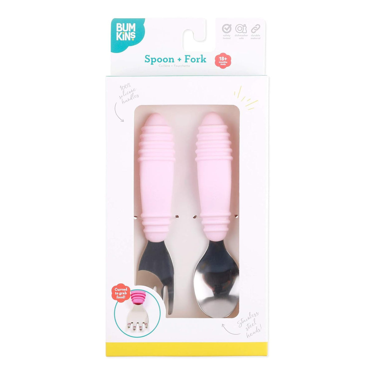 Bumkins Toddler Utensils, Kids Fork and Spoon Set, Silicone and Stainless-Steel Silverware, Angled