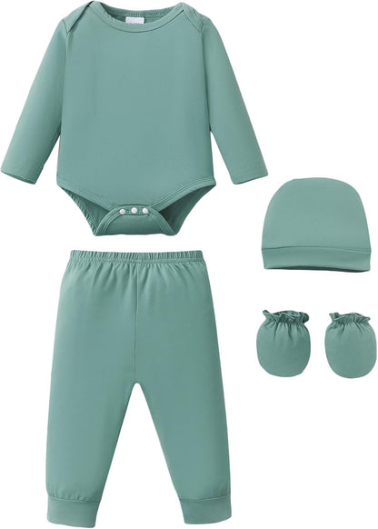 NZRVAWS Newborn Baby Boy Girl Clothes Unisex Infant Romper Pants Set Hat 4-Pack Outfits 0-12 Months