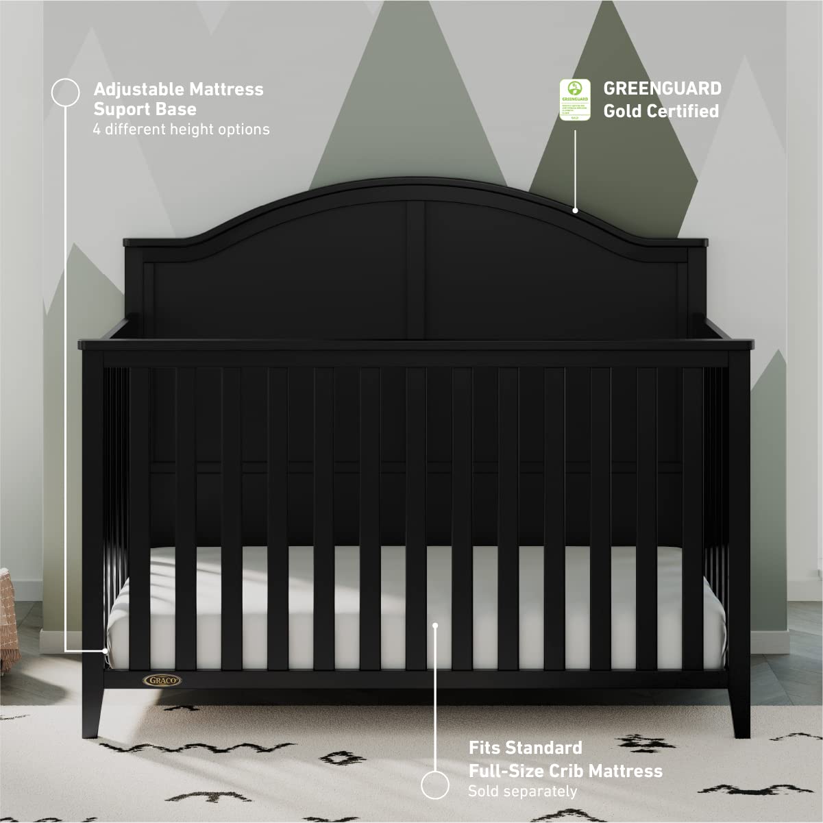 Graco Wilfred 5-in-1 Convertible Crib (Black) – GREENGUARD Gold Certified, Converts to Toddler Bed