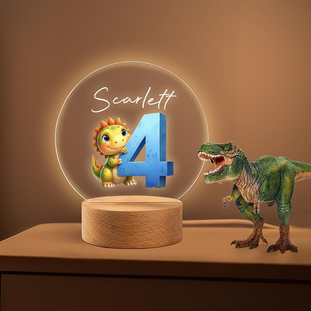 callie Acrylic Night Light Name Plate Personalized, Custom Cute Dinosaur Car with Wooden Base