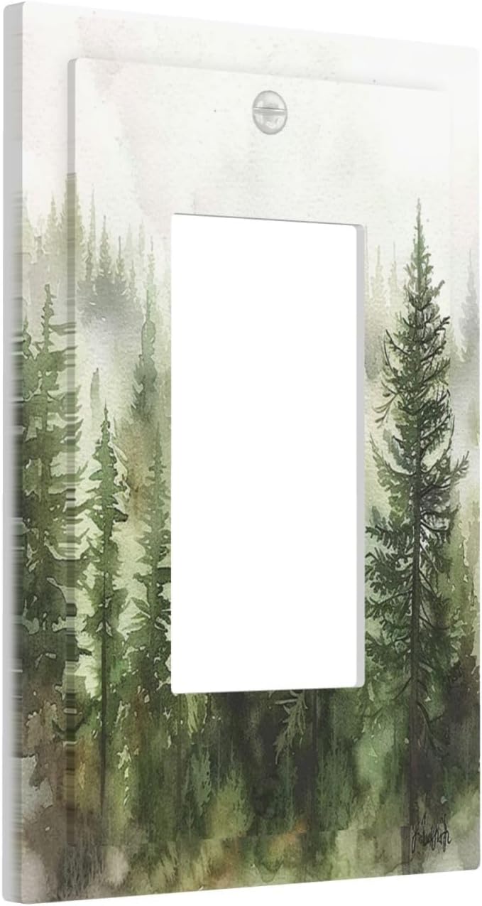 Decorative Outlet Covers Green Forest Watercolor Painting Foggy Pine 1 Gang Single Rocker Light