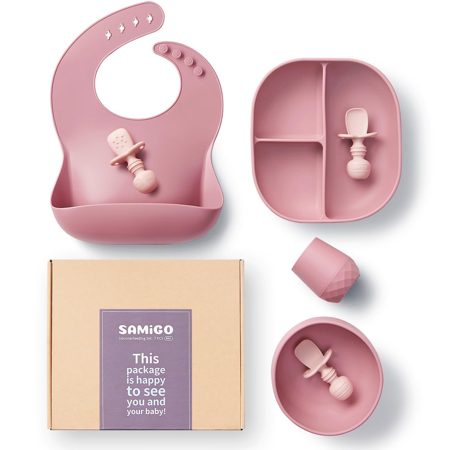 SAMiGO Silicone Baby Feeding Set, Baby Led Weaning Supplies, Suction Bowl Plate Bib Cup Self