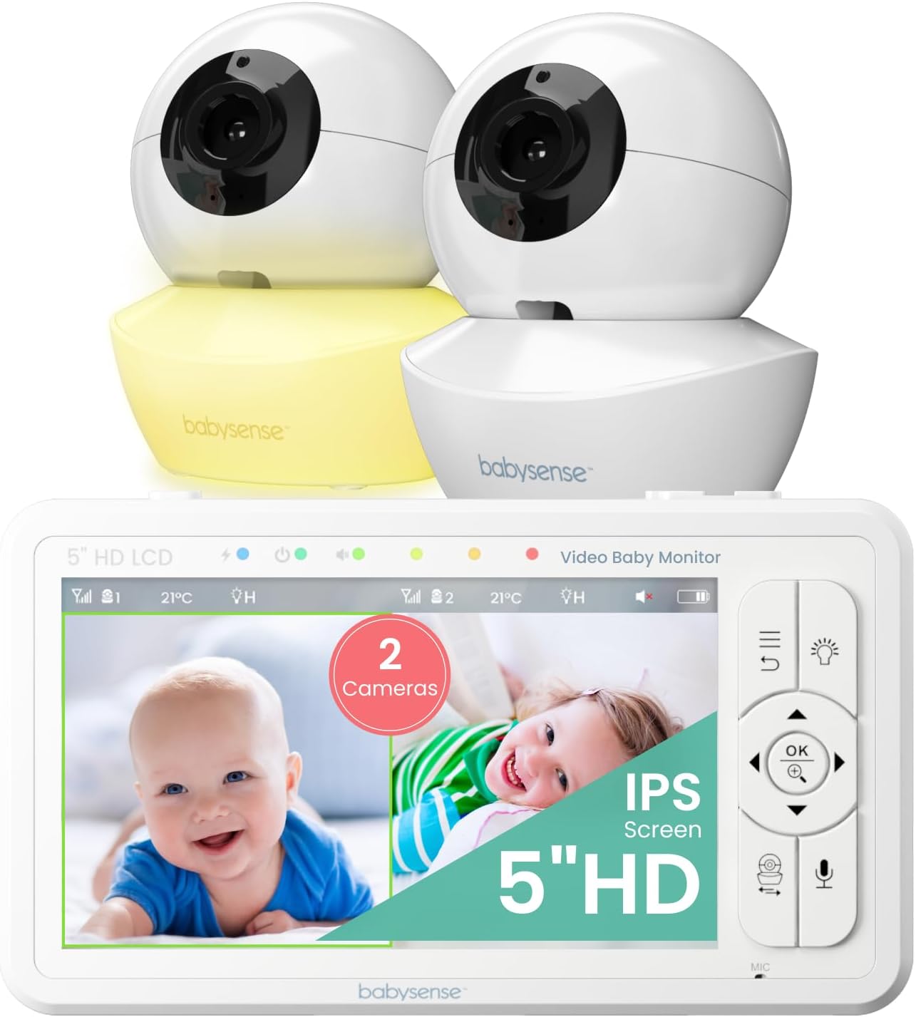 Babysense 5" HD Split-Screen Baby Monitor, Video Baby Monitor with 2 Cameras and Audio, Night