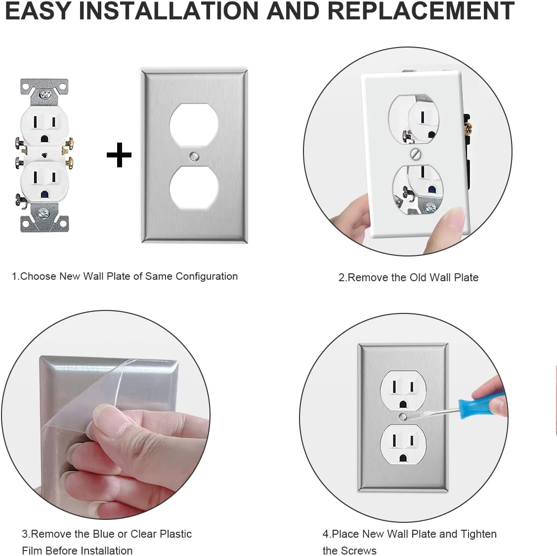 4-Pack Single Duplex Wall Switch Plate Outlet Cover - Stainless Steel Decorator Receptacle Outlet