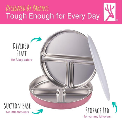 Elk and Friends Stainless Steel Divided Plates with Silicone Sleeve for Babies & Toddlers | Lids