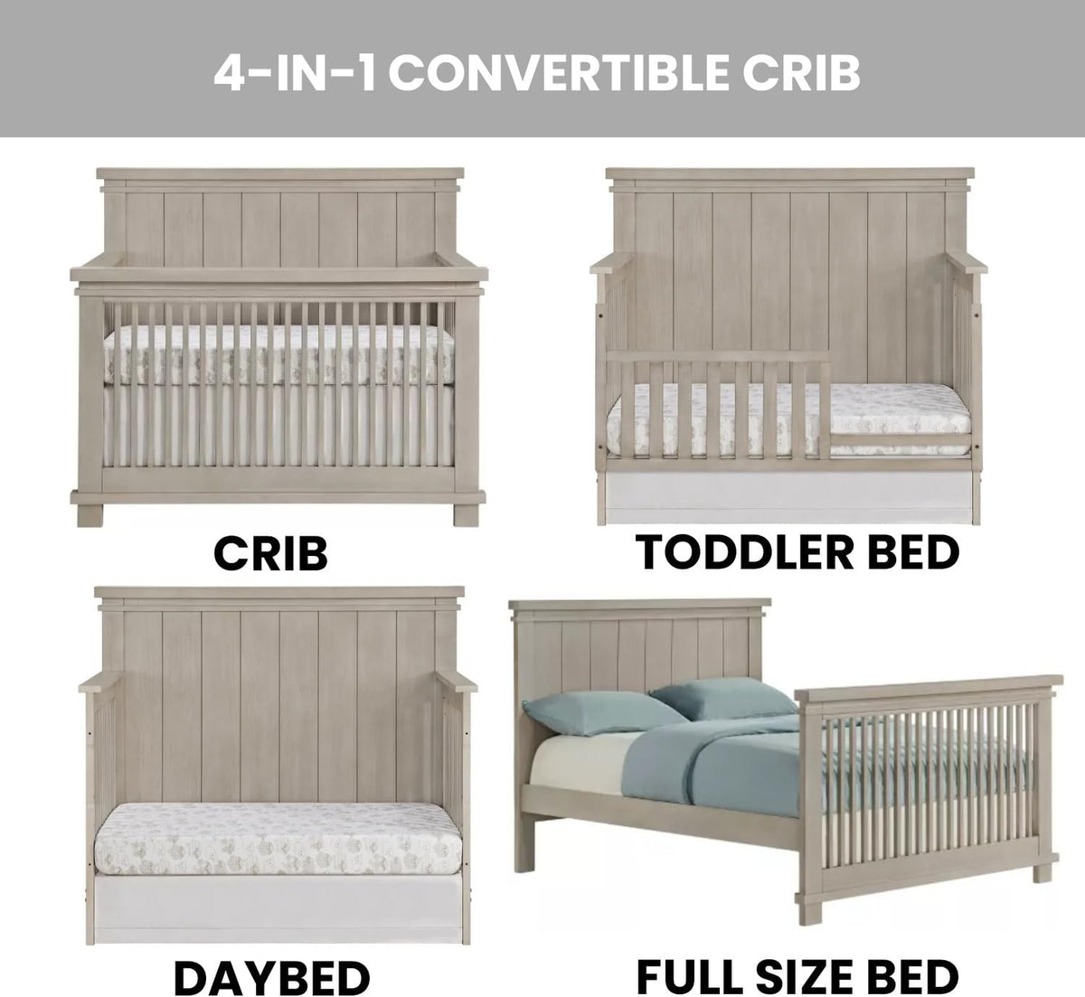 Soho Baby Hampton Premium 4-in-1 Convertible Crib, Flat-Top Headboard, Smooth Stone Wash