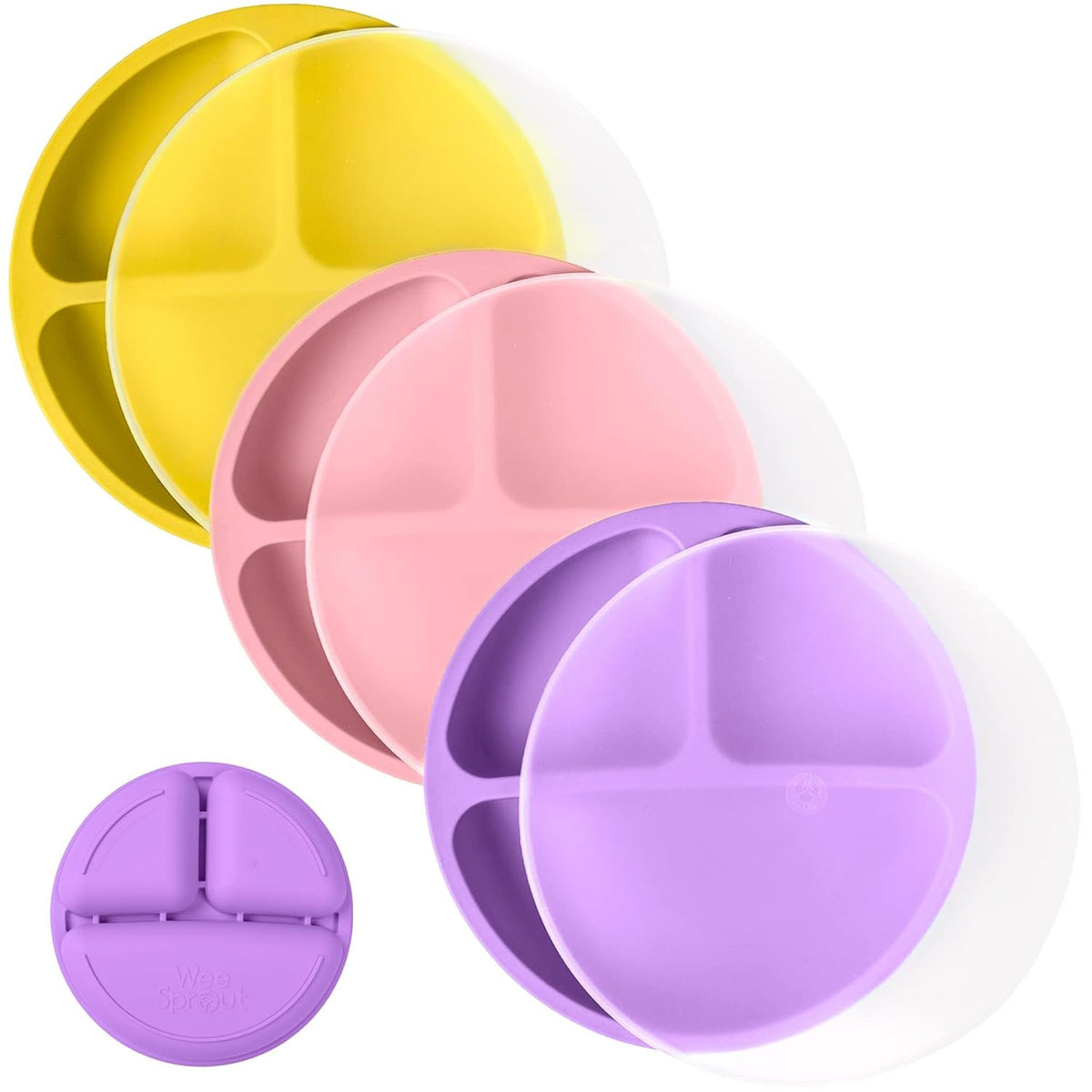 WeeSprout Silicone Plates with Lids for Babies & Toddlers (3 Pack) 100% Food-Grade Dishes for Self