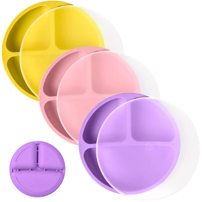 WeeSprout Silicone Plates with Lids for Babies & Toddlers (3 Pack) 100% Food-Grade Dishes for Self
