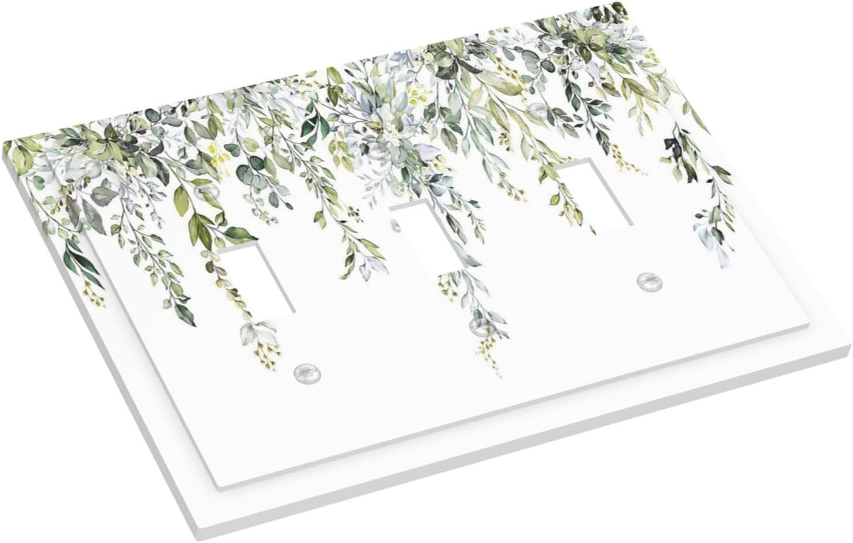 Decorative Switch Plates Boho Farmhouse Flower Leaf Sage Green 3 Gang Wall Plate Triple Toggle