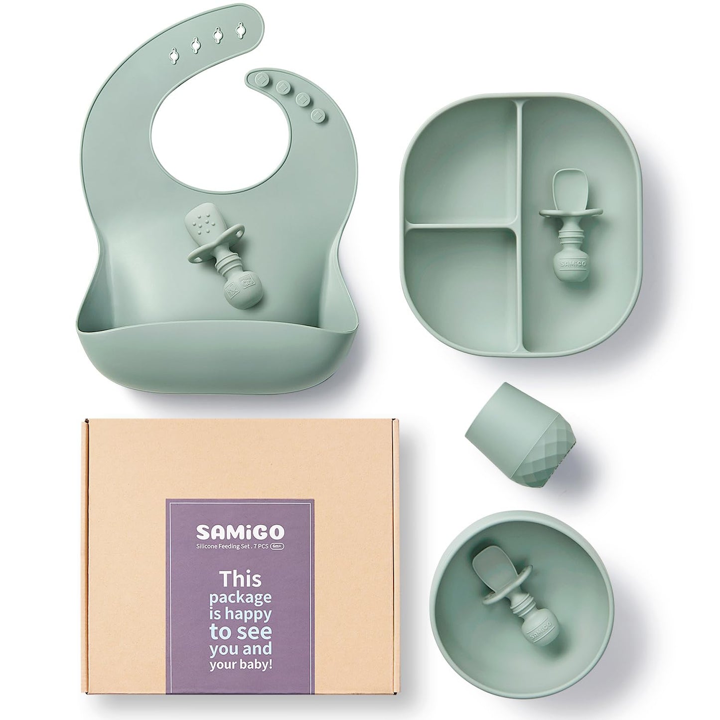 SAMiGO Silicone Baby Feeding Set, Baby Led Weaning Supplies, Suction Bowl Plate Bib Cup Self