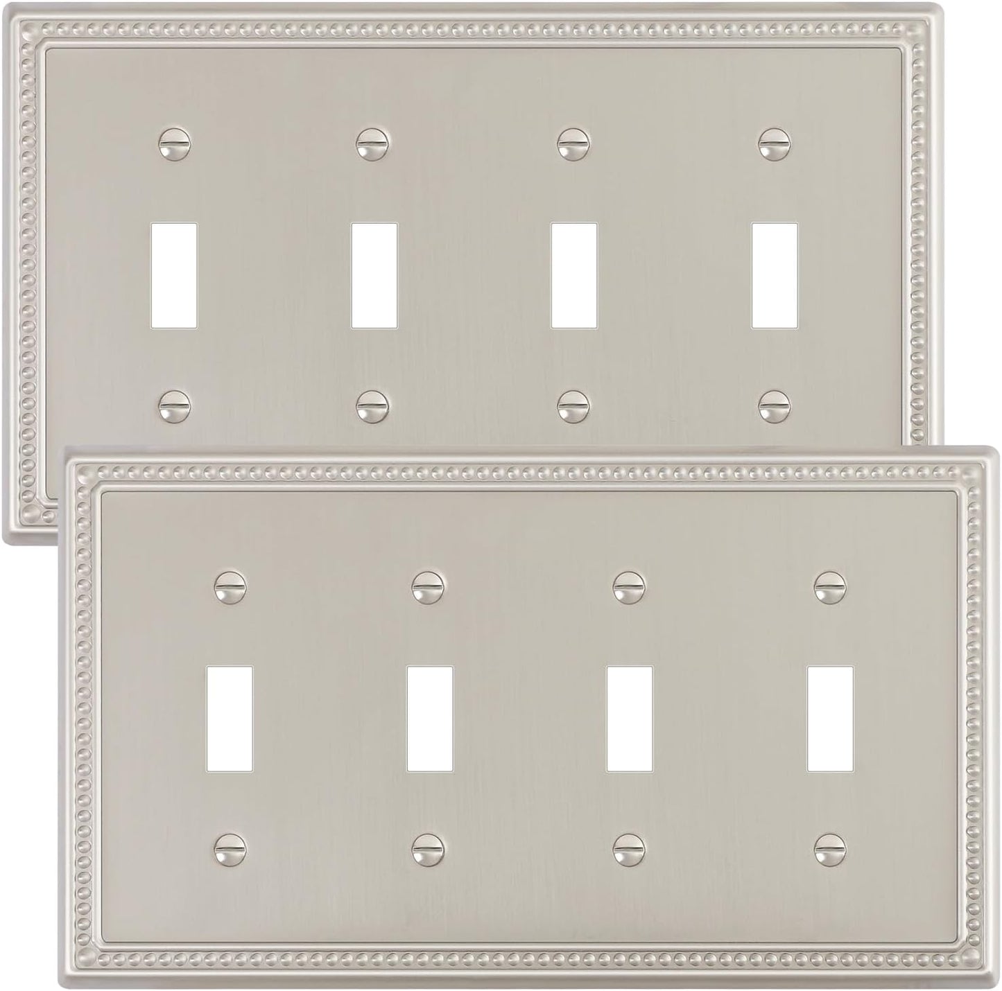 2-Pack Quad Toggle Light Switch Cover Plate, 4 Gang Metal Switch Plate Covers, Brushed Nickel