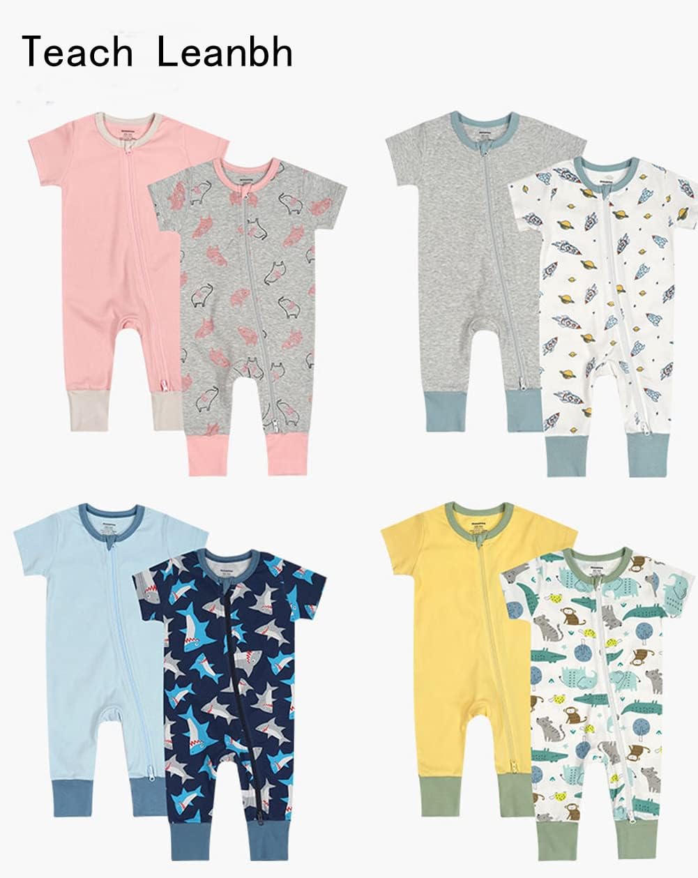 Teach Leanbh Baby Boys Girls 2 Pack 2 Way Zipper Footless Pajamas Cotton Short Sleeve Printing