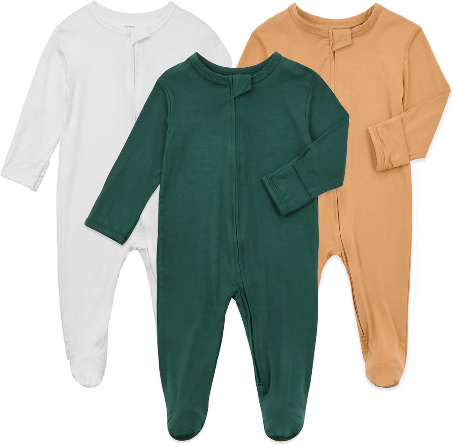 Aablexema Baby Zipper Pajamas Bamboo Rayon, 3pcs Unisex Infant Onesie with Mitten Long Sleeve
