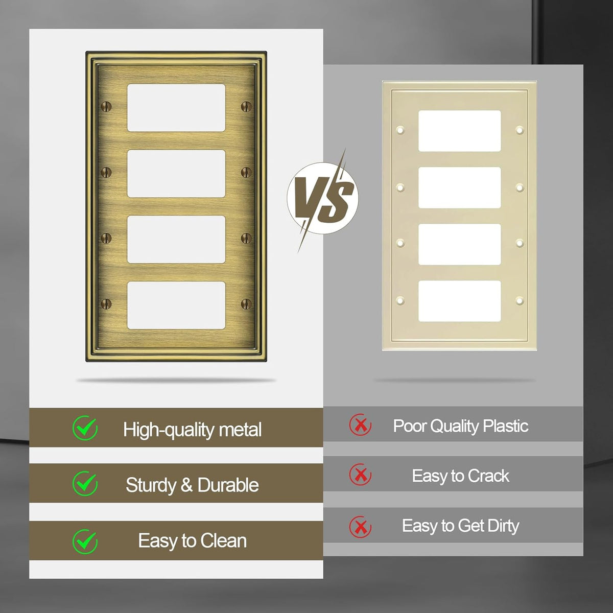 2 Pack Quad Decorator Switch Covers Wall Plate, Antique Brass Metal Material Rocker Switch Plates