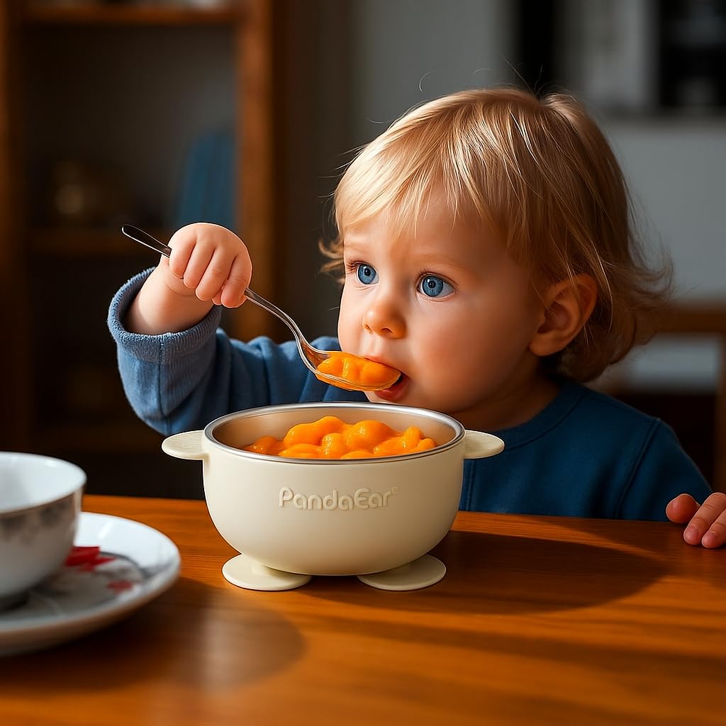 PandaEar 8PCS Baby Feeding Set | Stainless Steel Suction Plates and Bowls with Silicone Fork and