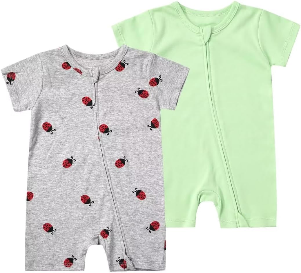 Teach Leanbh Unisex Baby 2 Pack Pajamas Cotton Short Sleeve 2 Way Zipper Printing Soild Romper