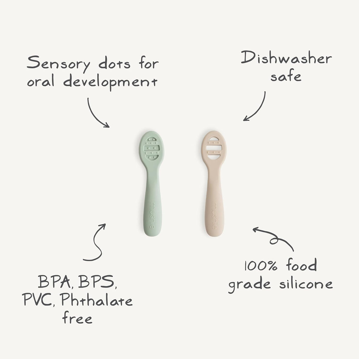 mushie Silicone First Feeding Baby Spoons | 2 Pack (Powder Blue/Shifting Sand)
