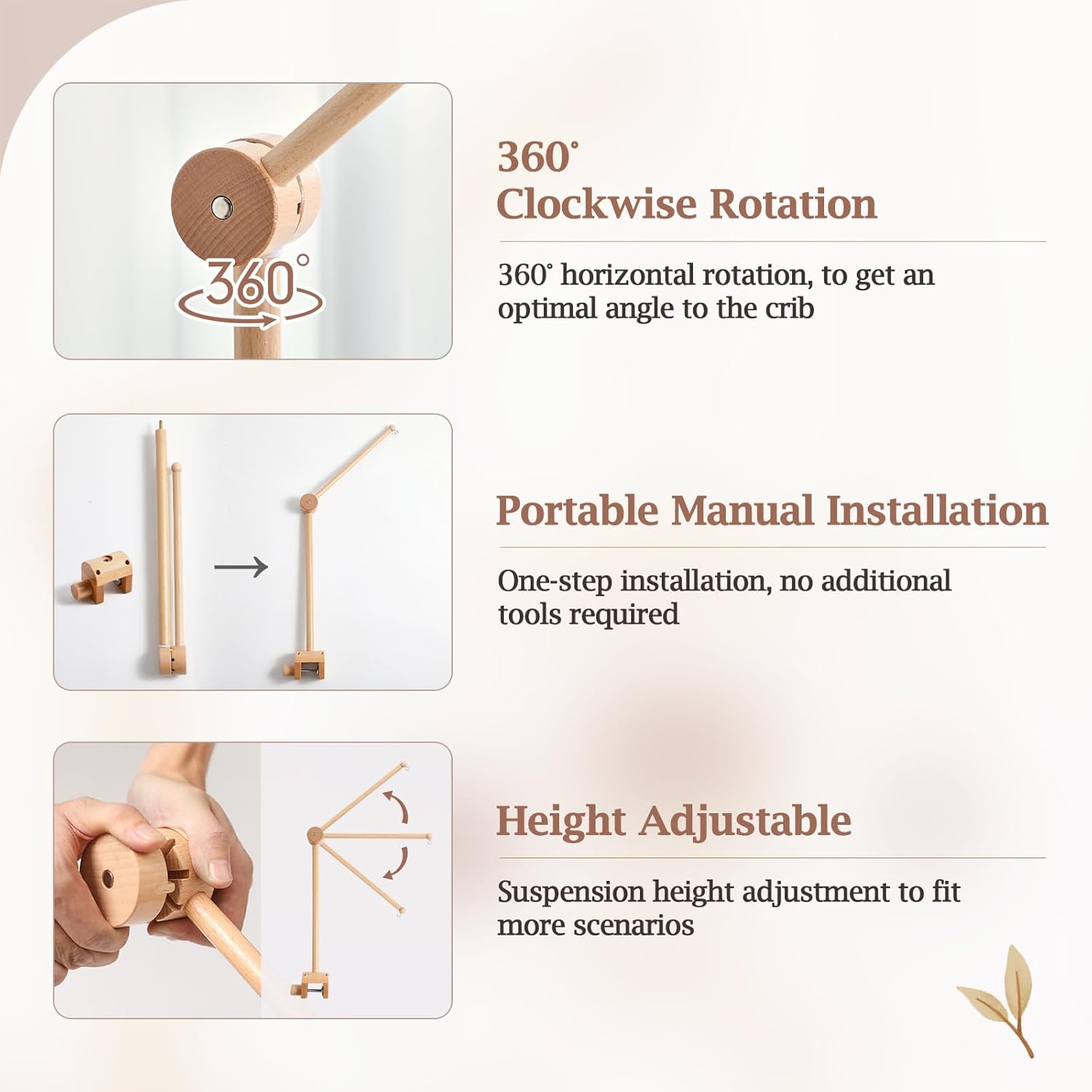 Baby Crib Mobile Arm - Wooden Mobile Arm with Height Adjustable＆360° Rotatable Upgraded Arched Base